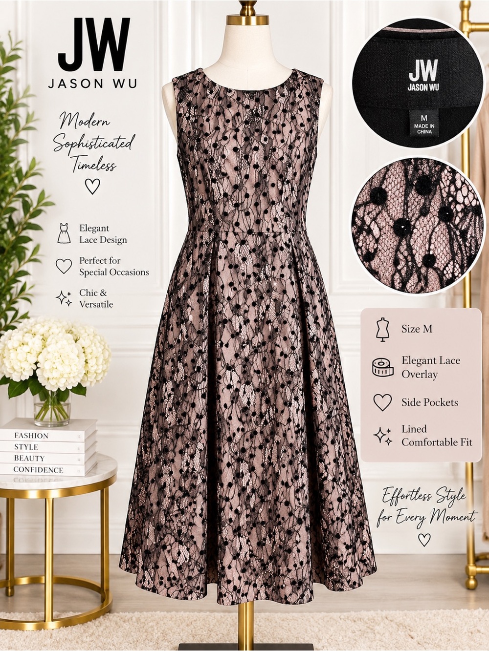 JW Jason Wu Size 10 NWT Black Lace Blush Fit & Flare Midi Dress Pockets